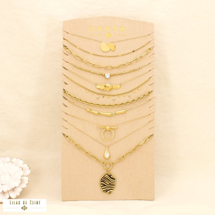 Ensemble 10 colliers acier inox doré +présentoir 0125584 doré