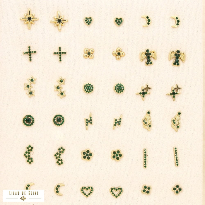 Ensemble 18 puces d'oreilles acier inoxydable strass 0325553 vert