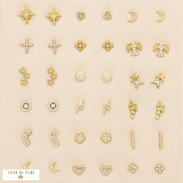 Ensemble 18 puces d'oreilles acier inoxydable strass 0325553 doré