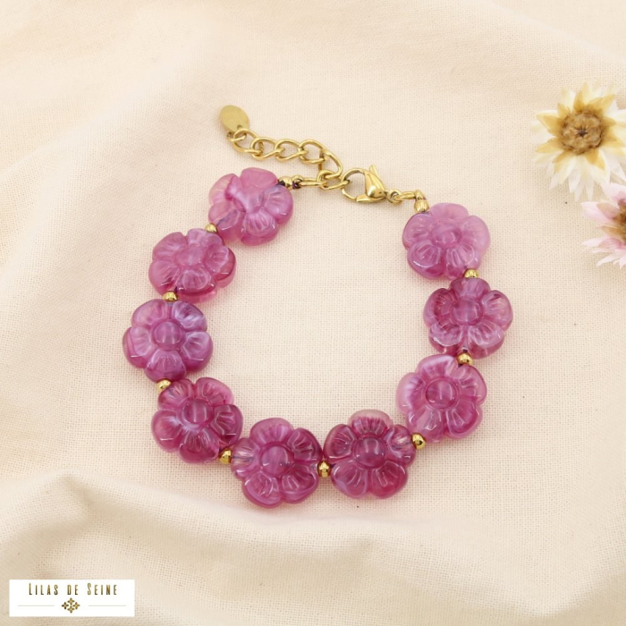 Bracelet fleurs acier inoxydable résine marbré 0225519 violet