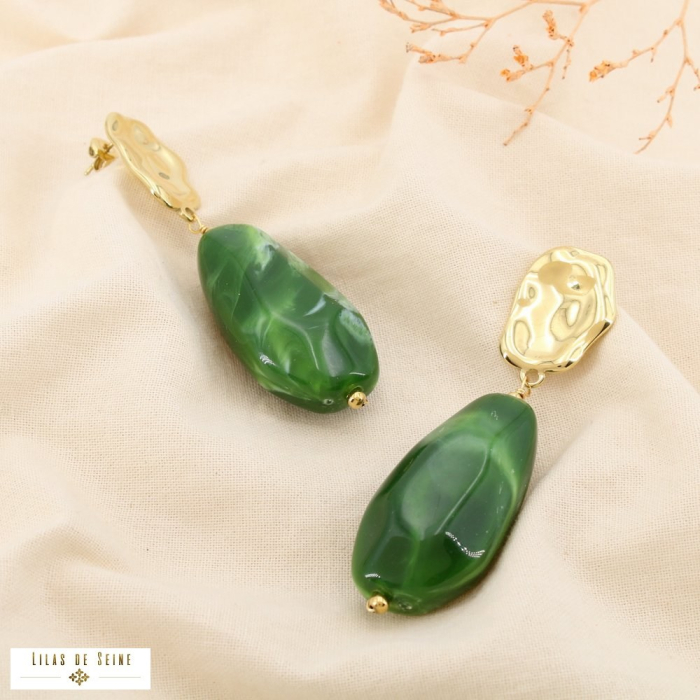 Boucles d’oreilles acier inox martelé résine marbré 0325561 vert