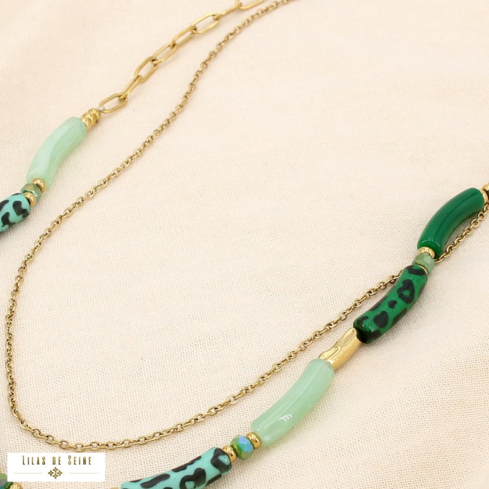 Collier double rangs léopard acier résine cristal 0125551 vert