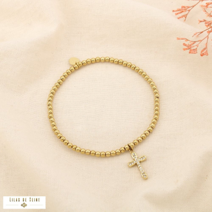 Bracelet élastique croix bille acier inox strass 0225565 doré