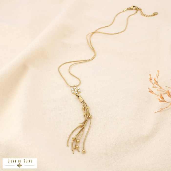 Collier acier inoxydable strass fleur frange bille 0125521 doré