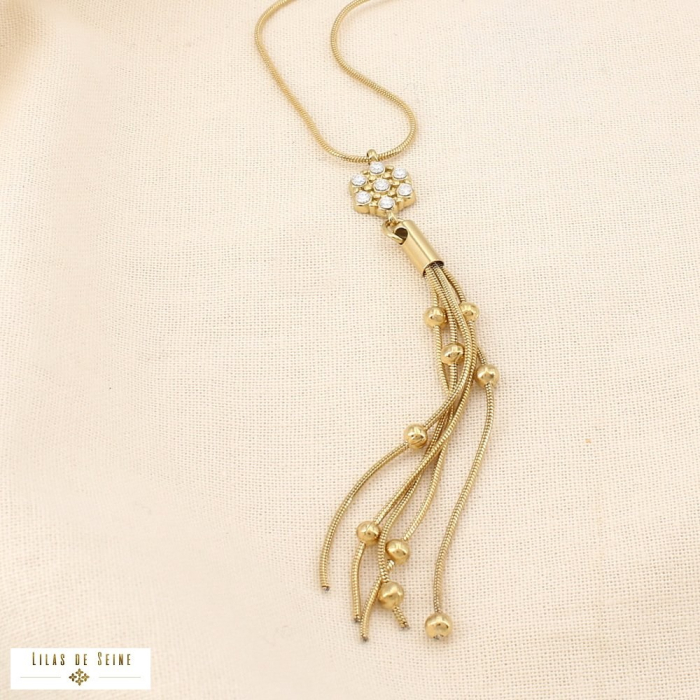 Collier acier inoxydable strass fleur frange bille 0125521 doré