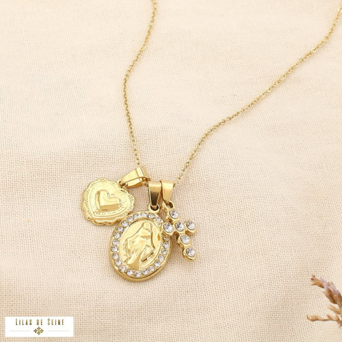 Collier acier inoxydable strass croix médaille cœur 0125505 doré