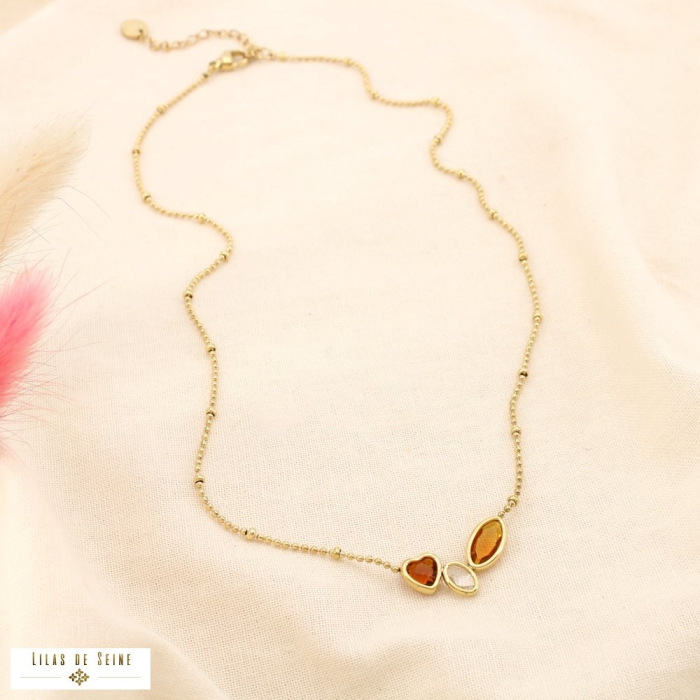 Collier acier inoxydable cristal coeur chaîne bille 0125549 marron