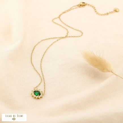 Collier acier inoxydable strass cristal ovale 0125552 vert