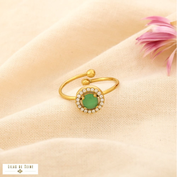 Bague acier inoxydable cabochon verre strass 0425520 vert