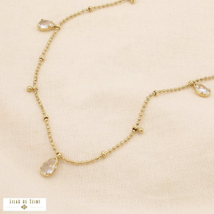 Collier minimaliste acier inox cristal goutte bille 0125559 doré