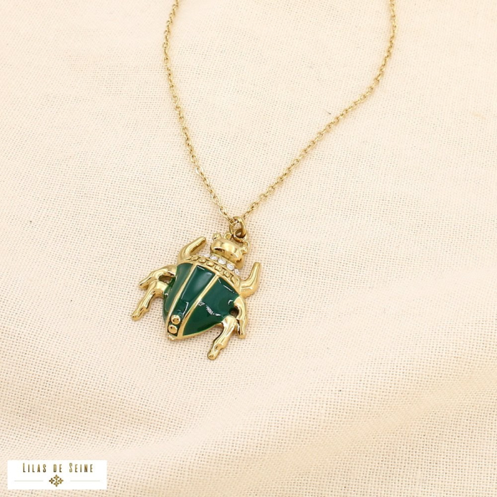 Collier acier inoxydable scarabée émail strass 0125514 vert