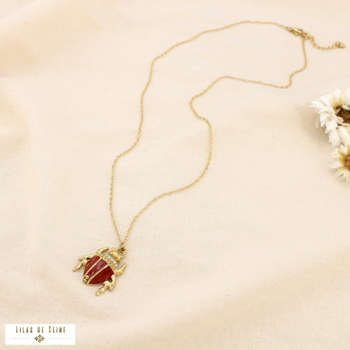 Collier acier inoxydable scarabée émail strass 0125514 rouge bordeaux