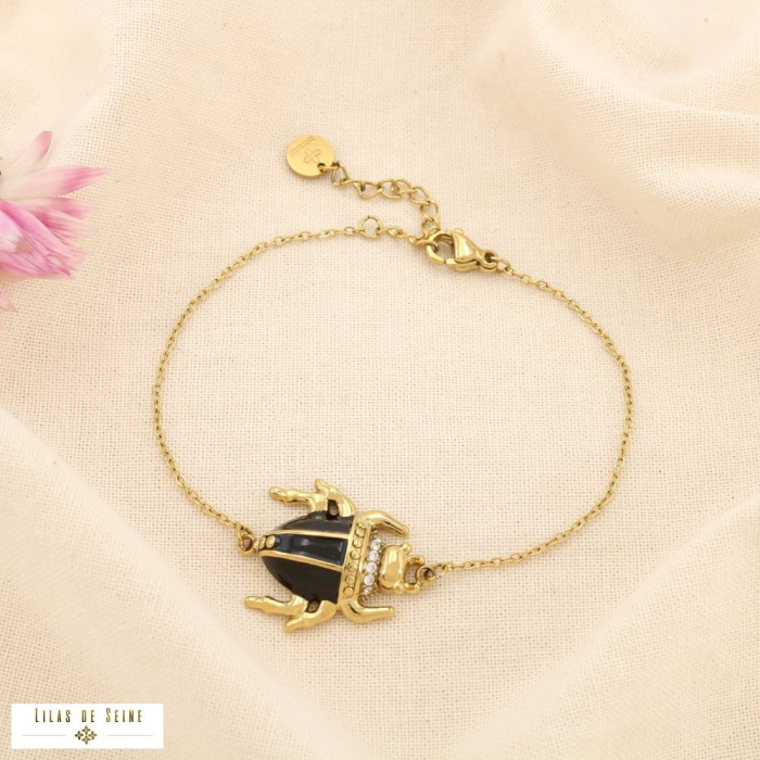 Bracelet acier inoxydable scarabée émail strass 0225507 noir