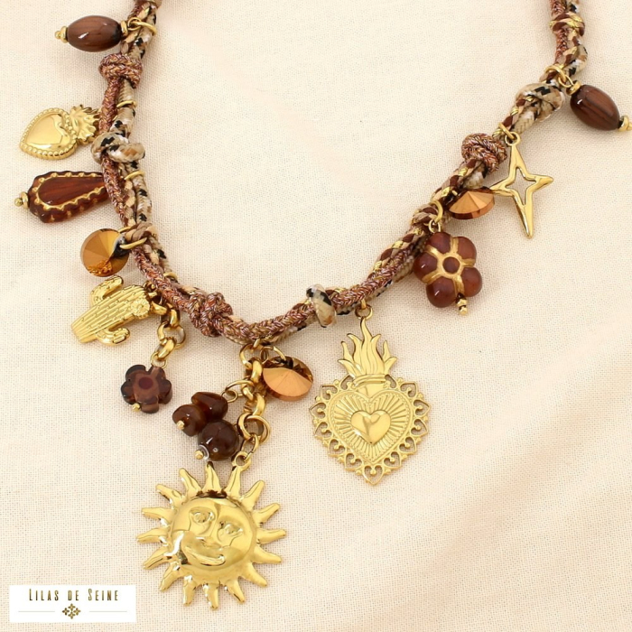 Collier acier cordon bohème multi-charms soleil cœur 0125538 marron