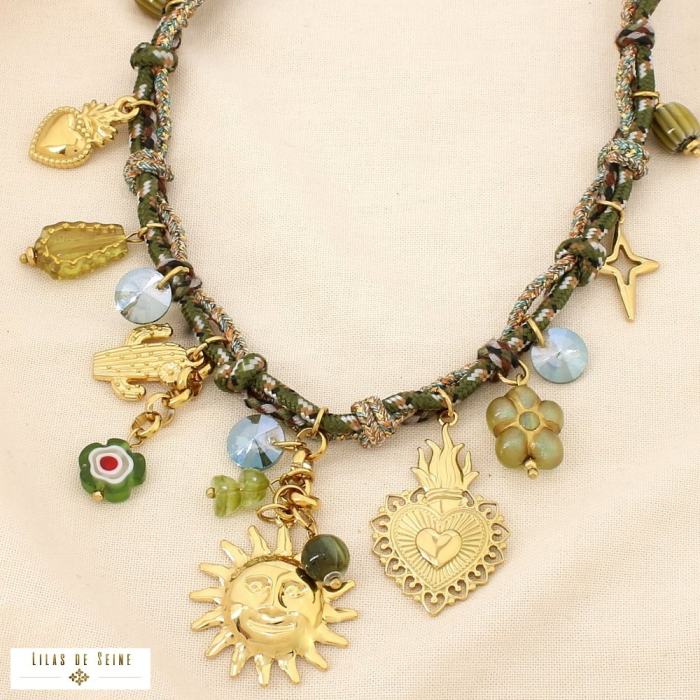 Collier acier cordon bohème multi-charms soleil cœur 0125538 vert kaki
