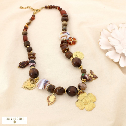 Collier acier floral breloque résine verre émail 0125540 marron