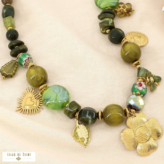 Collier acier floral breloque résine verre émail 0125540 vert kaki