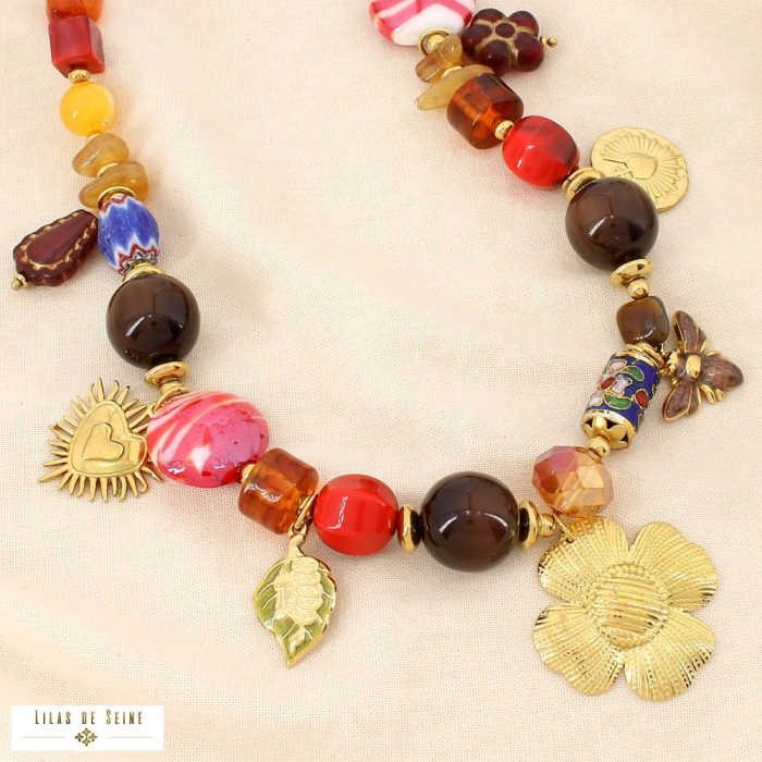 Collier acier floral breloque résine verre émail 0125540 multi