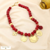 Collier acier résine breloque coeur trèfle abeille 0125571 rouge bordeaux