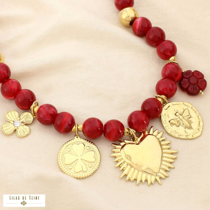 Collier acier résine breloque coeur trèfle abeille 0125571 rouge bordeaux