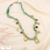 Collier acier tissu breloque résine émail strass 0125543 vert kaki