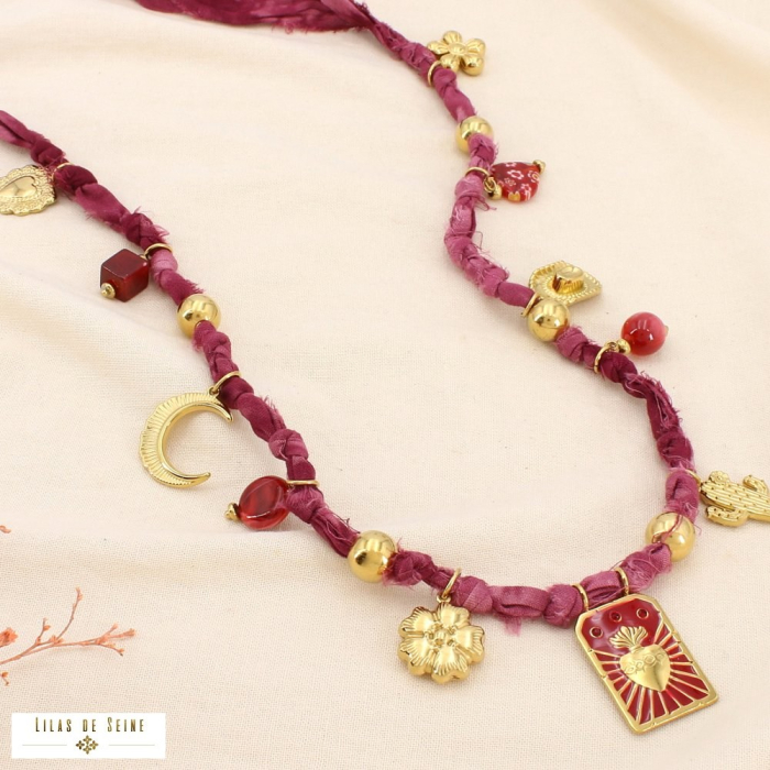 Collier acier tissu breloque résine émail strass 0125543 rouge bordeaux