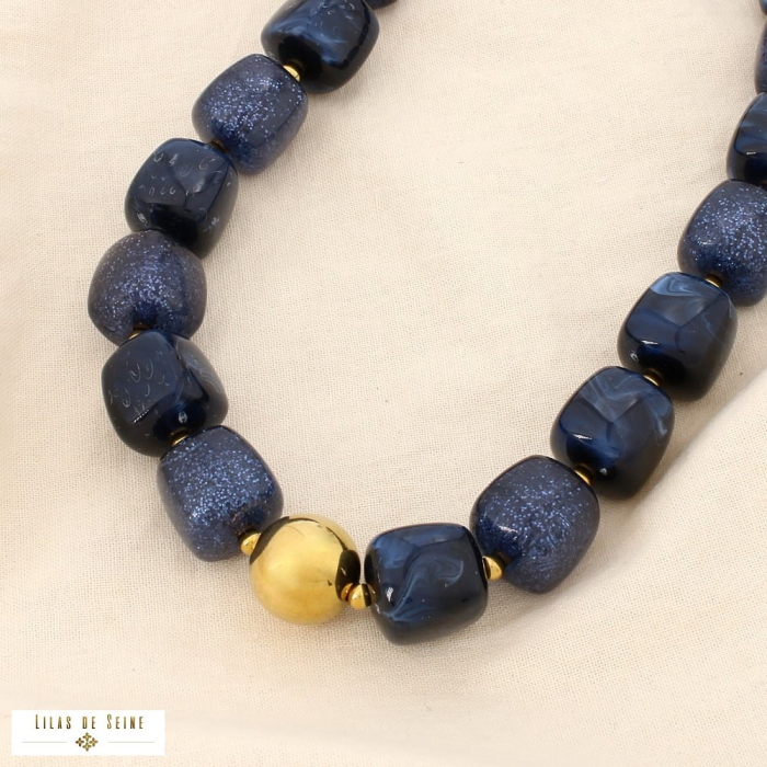 Collier acier inoxydable résine marbrée paillette 0125582 bleu foncé