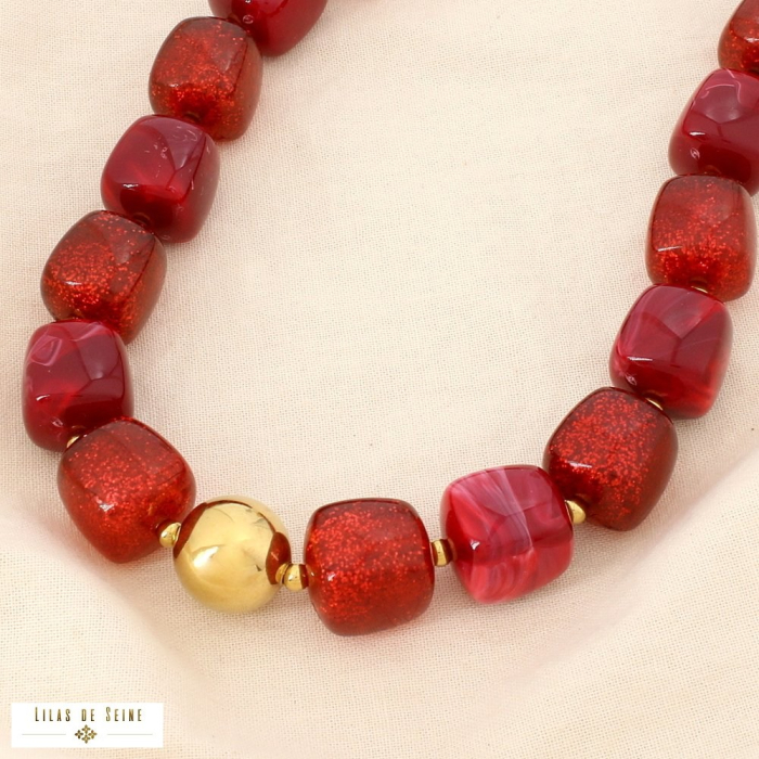 Collier acier inoxydable résine marbrée paillette 0125582 rouge bordeaux