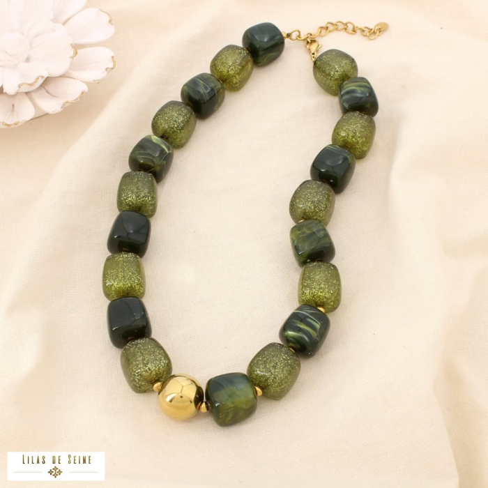 Collier acier inoxydable résine marbrée paillette 0125582 vert foncé