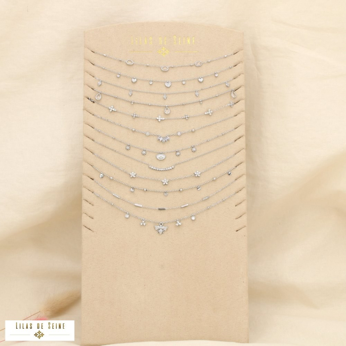 Ensemble 12 colliers minimaliste acier inox strass 0125555 argenté