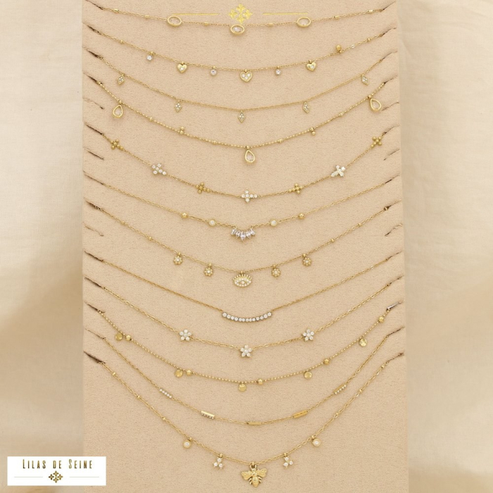 Ensemble 12 colliers minimaliste acier inox strass 0125555 doré