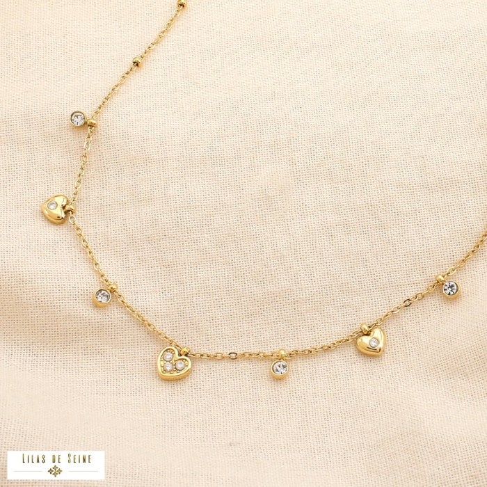 Collier acier inoxydable pampilles cœur strass 0125557 doré