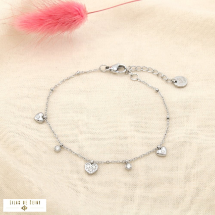 Bracelet acier inoxydable pampilles cœur strass 0225543 argenté