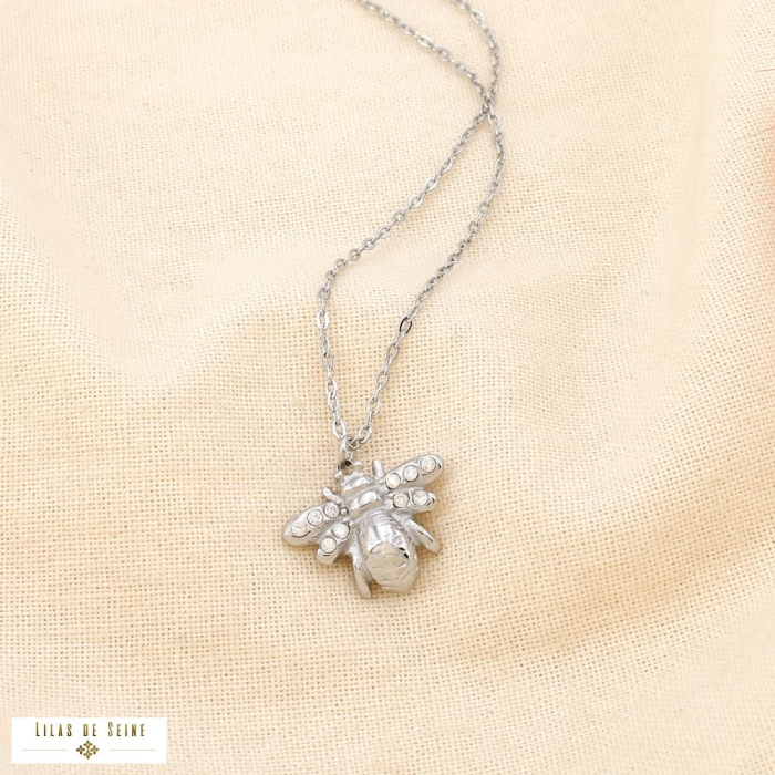 Collier acier inoxydable pendentif abeille strass 0125546 argenté