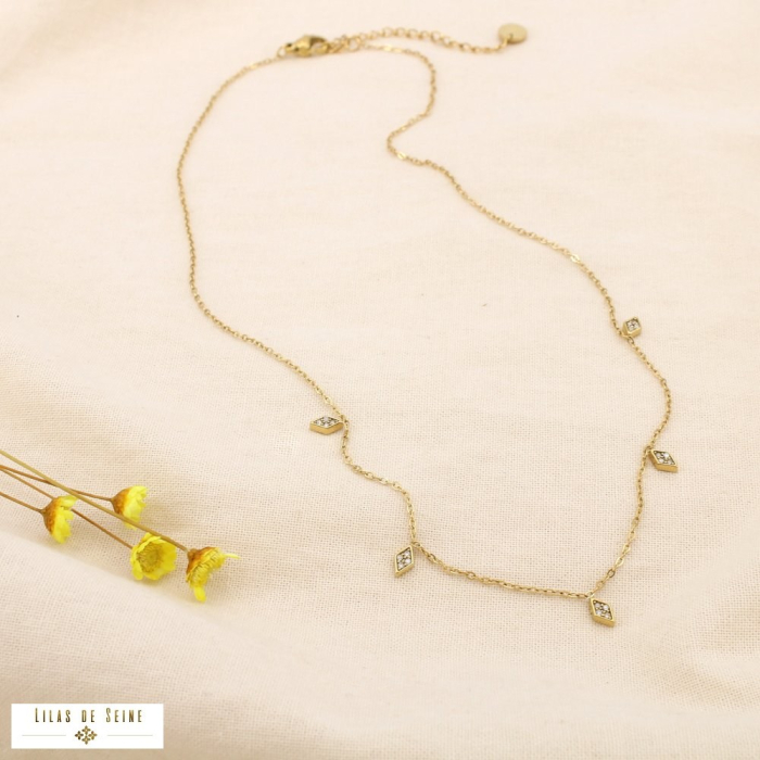 Collier acier inoxydable strass losanges minimaliste 0125558 doré
