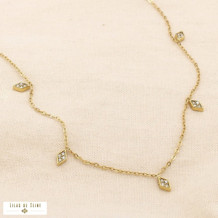Collier acier inoxydable strass losanges minimaliste 0125558 doré