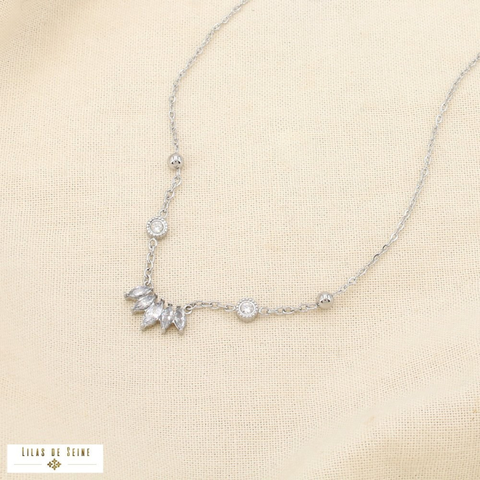 Collier acier inoxydable strass couronne bille 0125561 argenté
