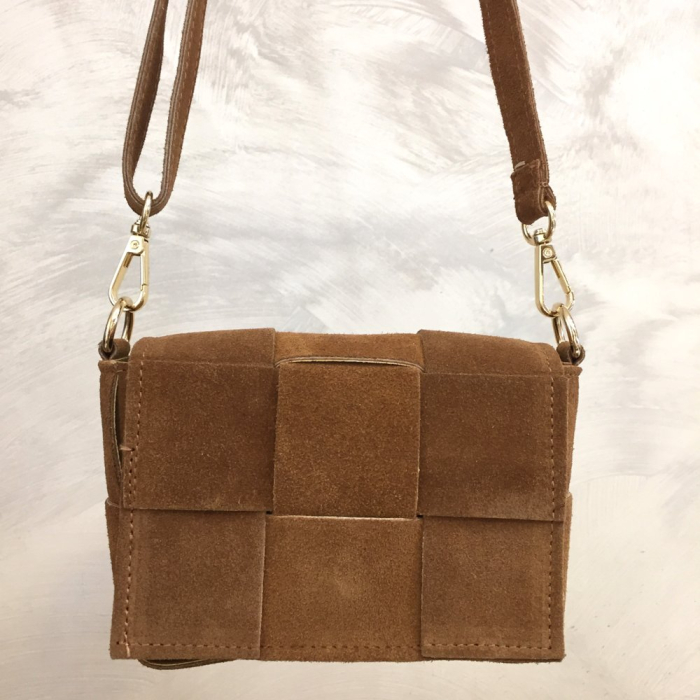 Sac cuir véritable façon daim box tressé 0925028 cognac
