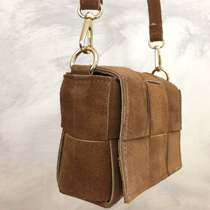 Sac cuir véritable façon daim box tressé 0925028 cognac