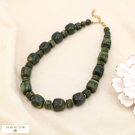 Collier acier inoxydable résine marbrée 0125144 vert kaki