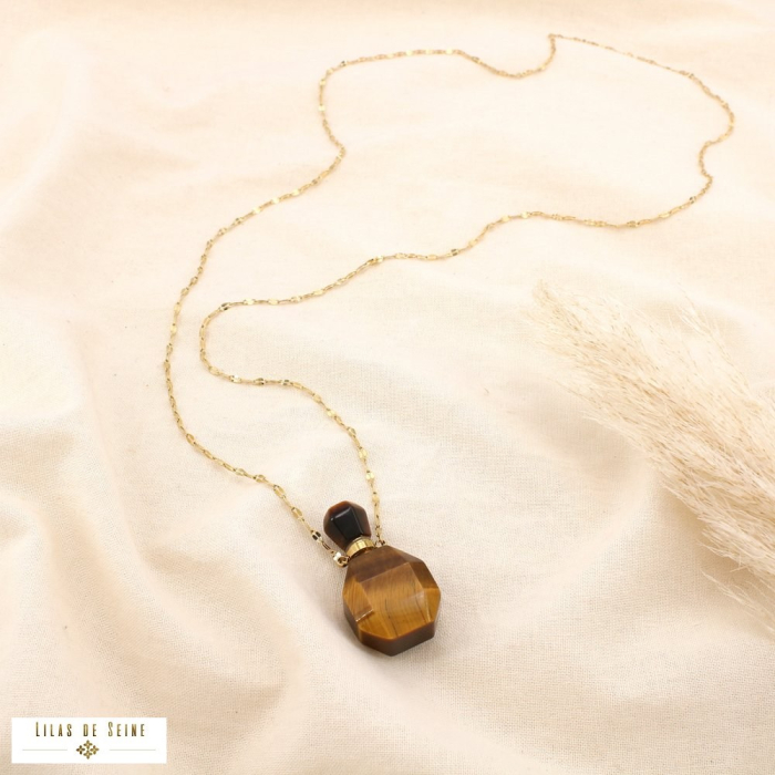 Collier sautoir flacon ouvrable acier inox pierre 0123154 cognac