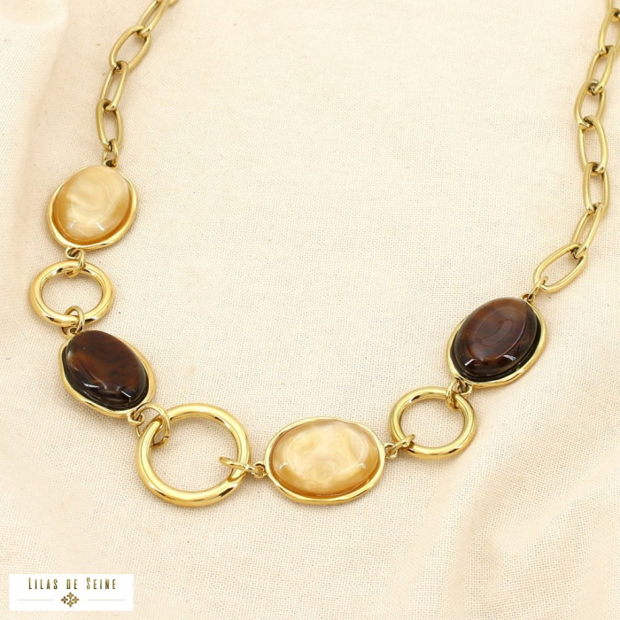 Collier acier inoxydable ovale résine marbré 0125526 marron