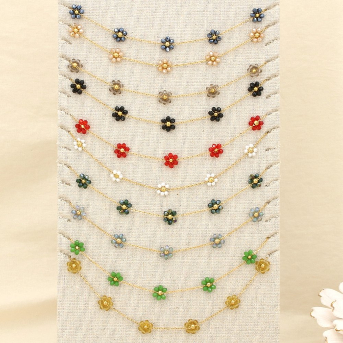 Ensemble 12 colliers acier cristal perle fleur 0125611 multi