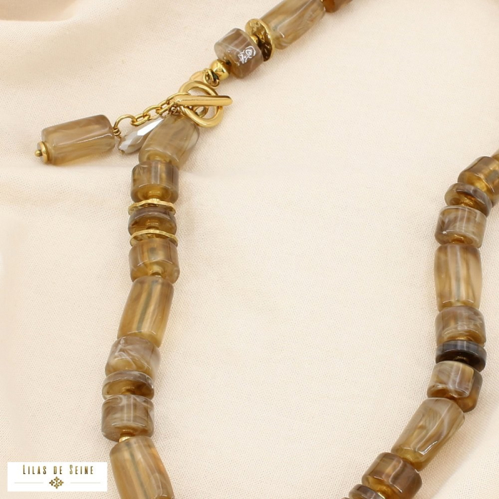 Collier acier inoxydable résine tubulaire marbrée 0125612 taupe