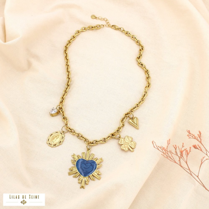 Collier acier émail breloque cœur trèfle médaille 0125613 bleu foncé