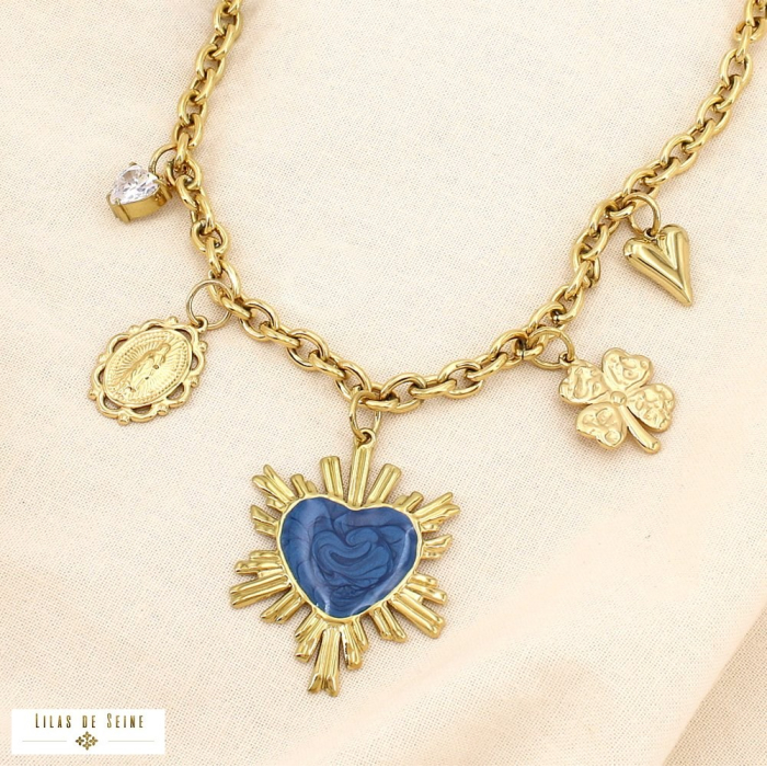 Collier acier émail breloque cœur trèfle médaille 0125613 bleu foncé