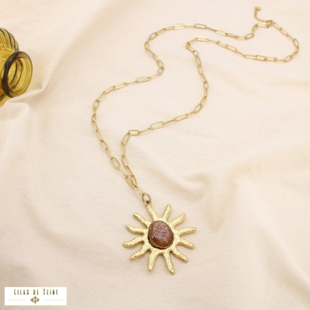 Collier sautoir acier résine soleil paillette 0125610 marron