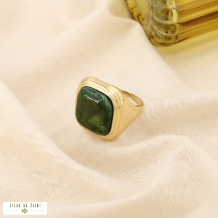 Bague ouverte acier inoxydable cabochon carré résine 0425542 vert kaki