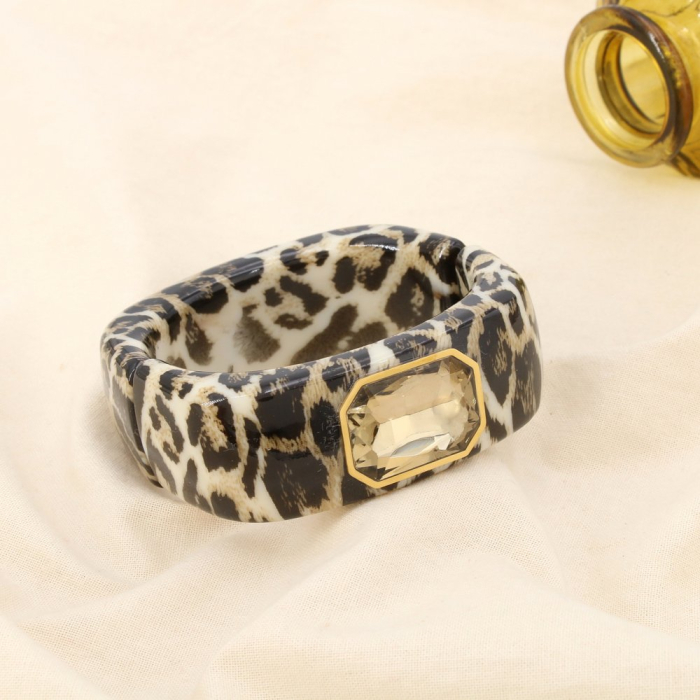 Bracelet ouvert léopard acier résine verre cristal 0225601 naturel/beige