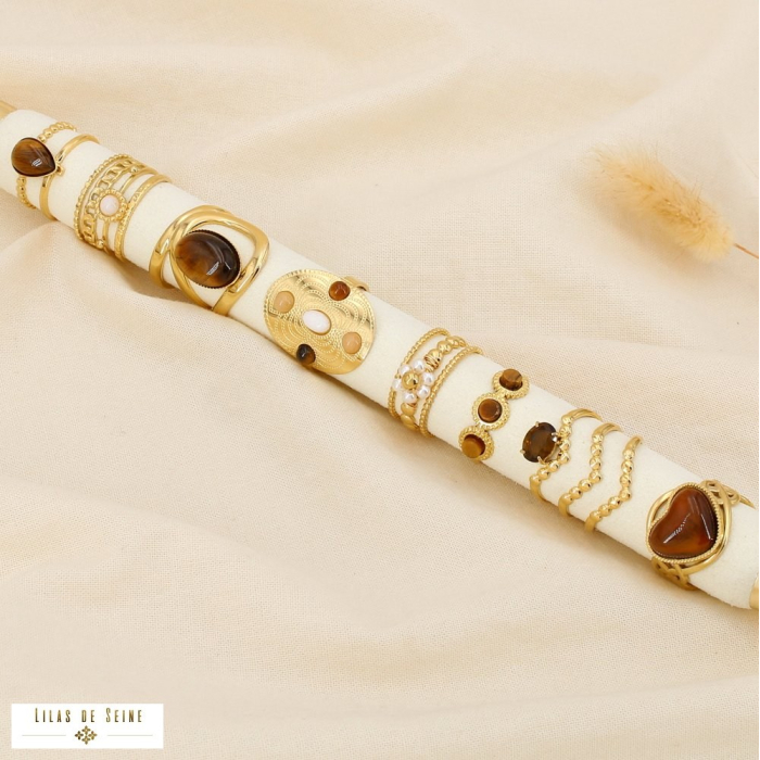 Ensemble 8 bagues acier inox pierre perle acrylique 0425099 marron